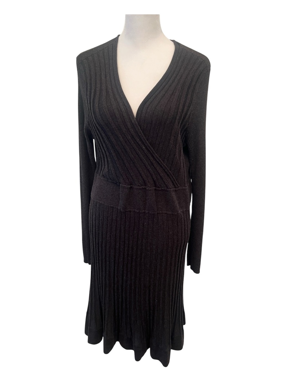 Calvin Klein SzXL Black Long Sleeve Pleated Knit Faux Wrap Top Sweater Dress GUC